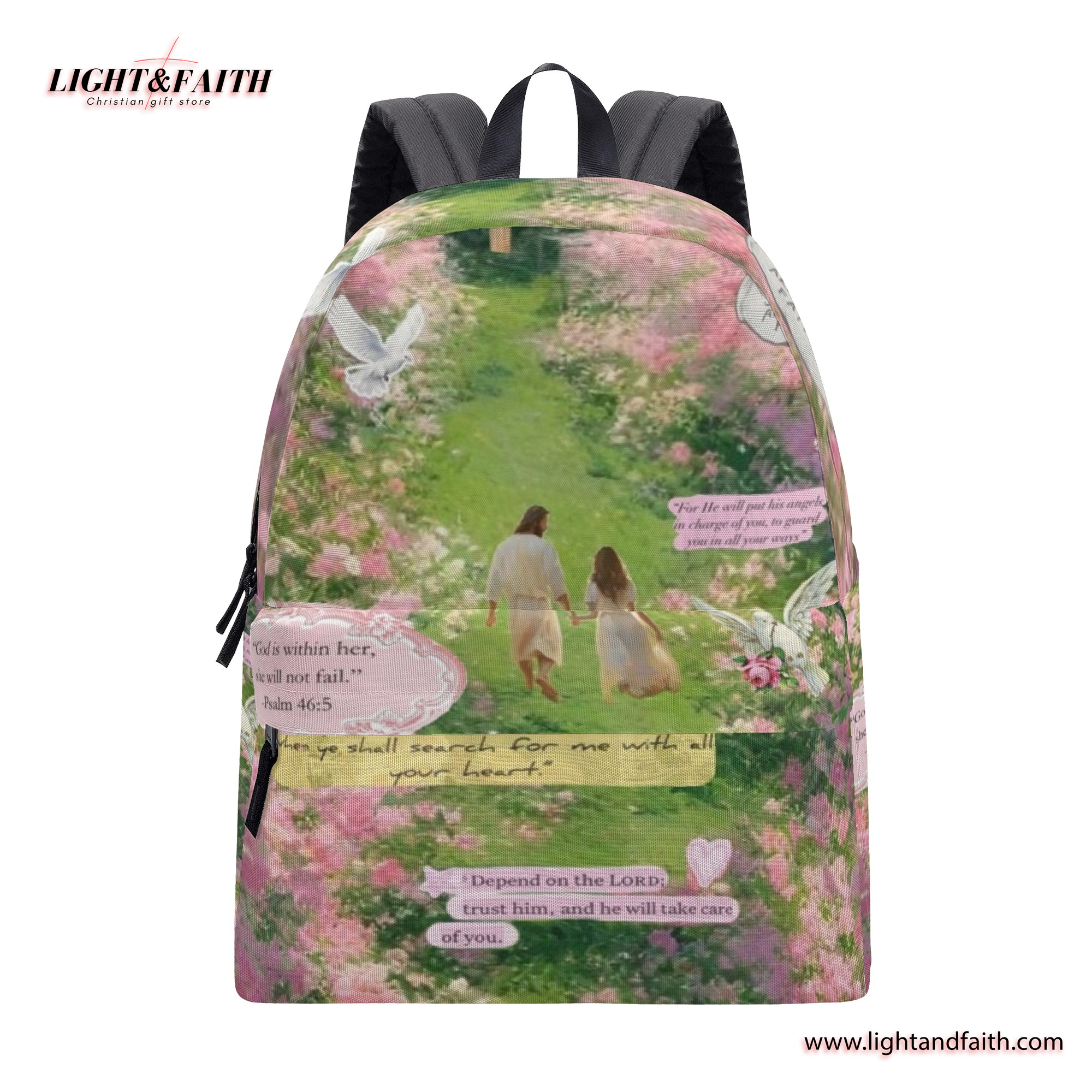 Heavenly Garden Christian Backpack – Jesus Walking with Girl, Psalm 46:5, Trust in the Lord Design.PLAF54
